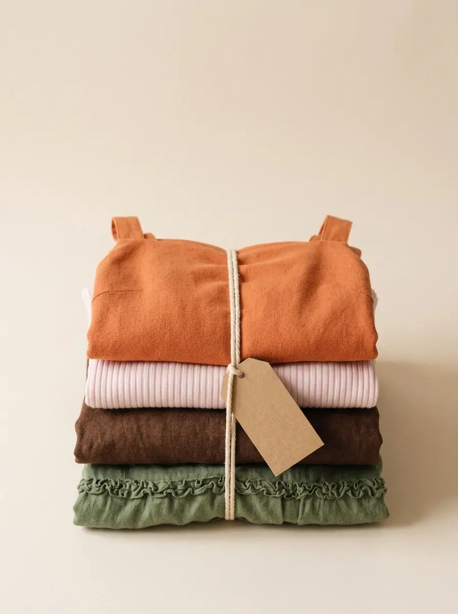 Pilha de roupas dobradas e amarradas com barbante, com etiqueta kraft.