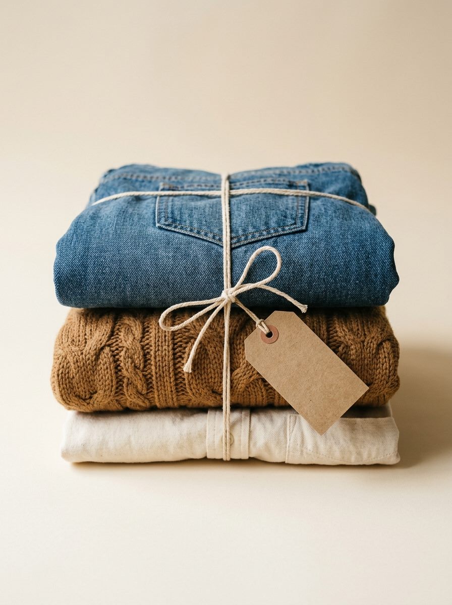 Pilha de roupas dobradas e amarradas com barbante, com etiqueta kraft.