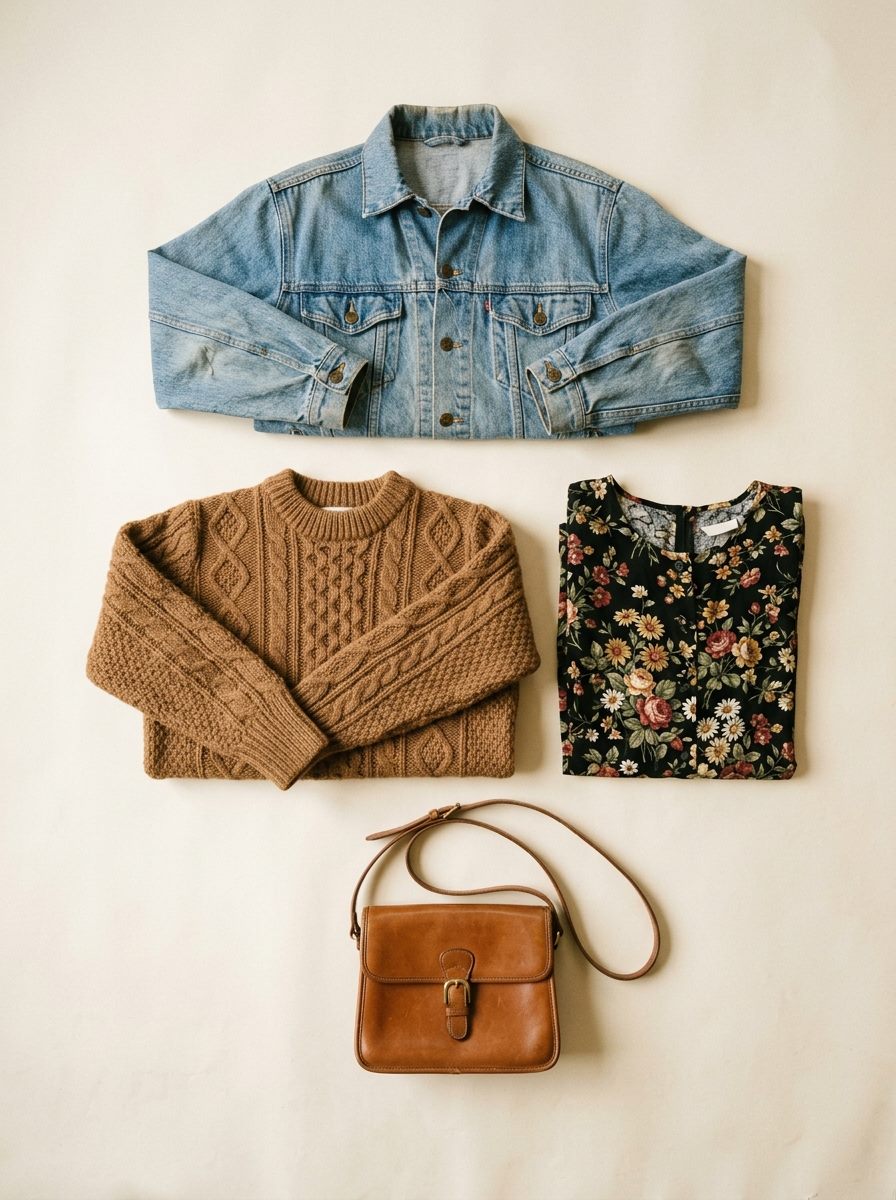 Peças do lote arrumadas sobre papel: jaqueta jeans, tricô caramelo, vestido floral e bolsa de couro.